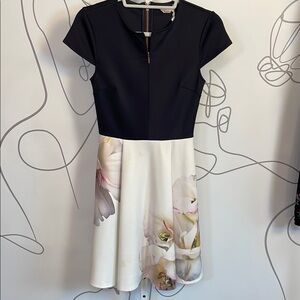 Ted Baker- Navy and White Fit and Flare Mini Dress size 4